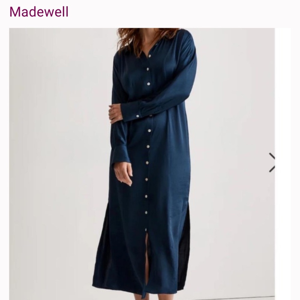 Madewell Womens Shirt Dress Size  10 Indigo Blue (LONG) Midi Satin Button Front